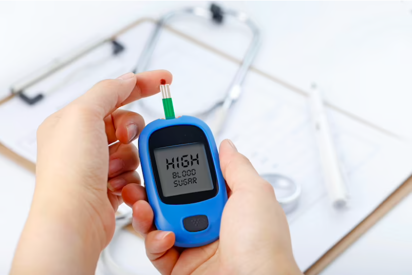 Blood glucose monitor showing high blood sugar